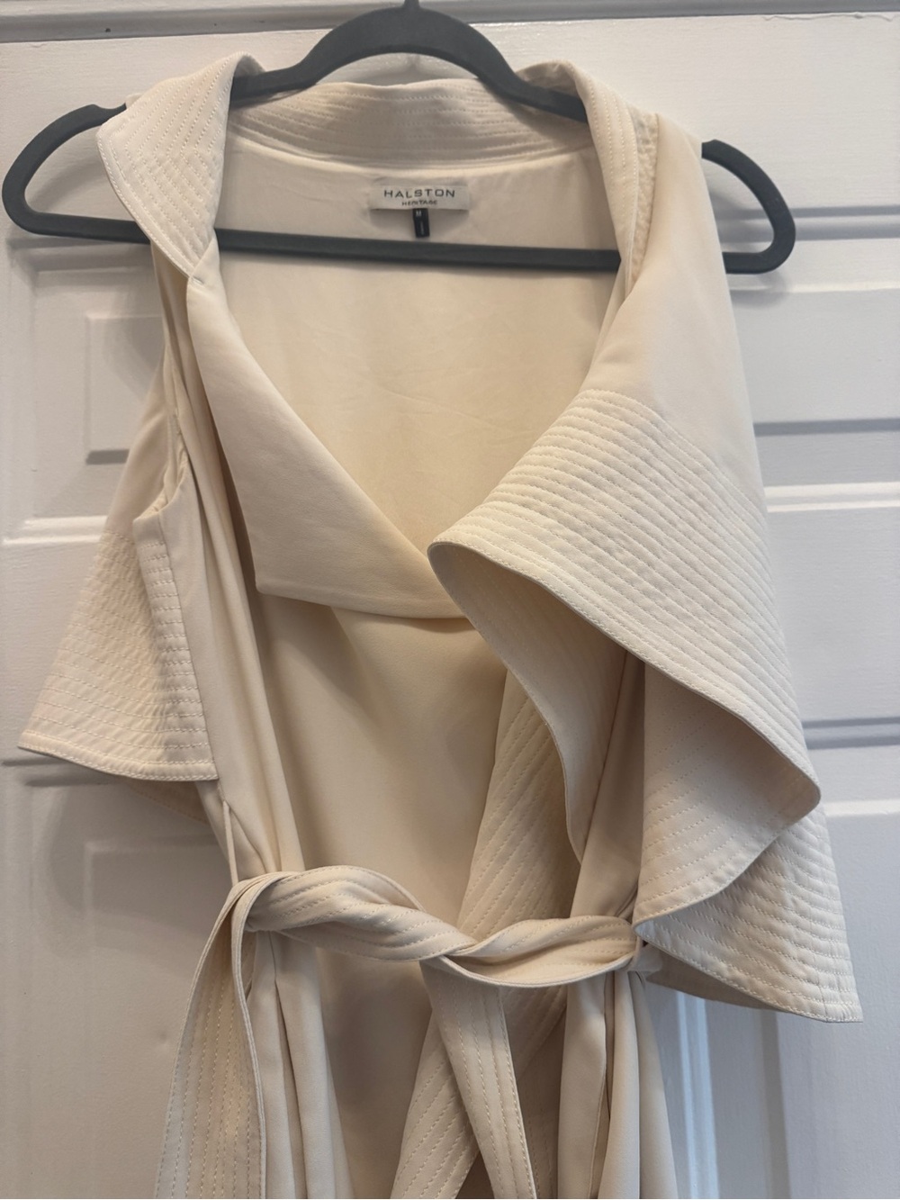 Halston Ivory Draped Sleeveless Trench Dress